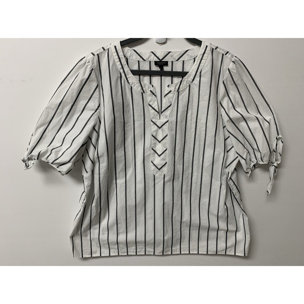 Talbots Petite Striped Cotton Short Sleeve Shirt Top Women's Size 2XP Tie Sleeve